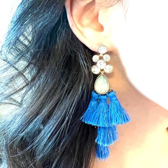 Gorgeous Vibrant Multi Tiered Drop Blue Tassel Earrings with Crystal Rhinestone - Picture 8 of 9